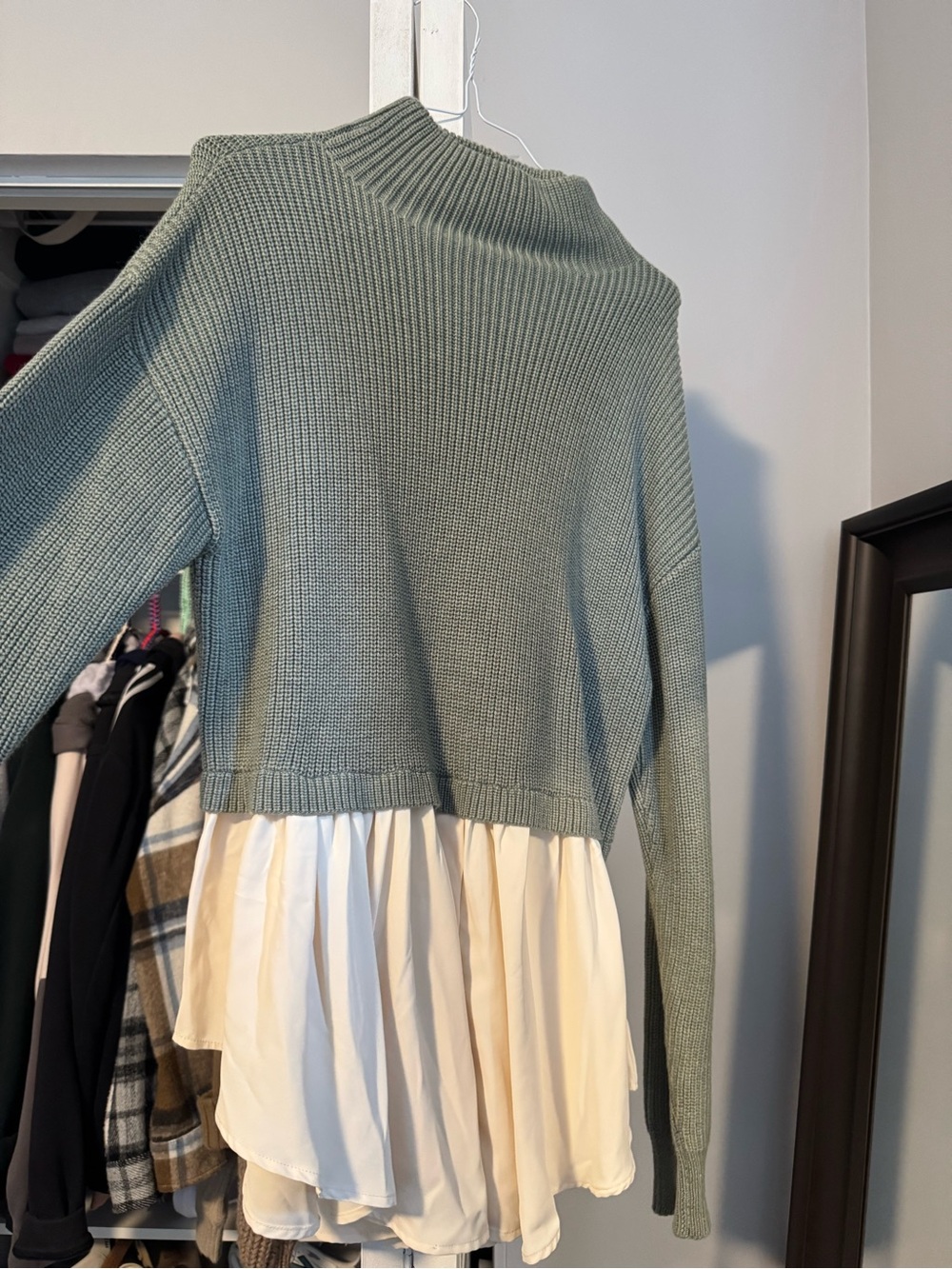 Zara Sage Green Mock Neck Sweater with Cream Layered Hem